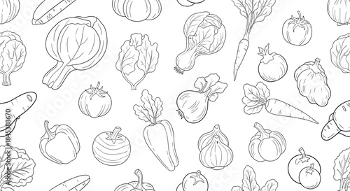 Healthy food-themed seamless pattern features a wide variety of hand-drawn vegetables in a simple black and white sketch style.