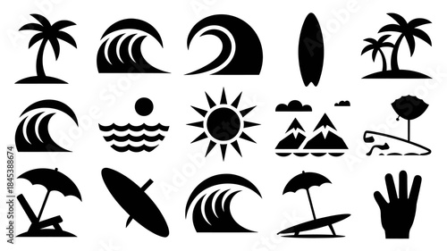 Beach and Surfing Icons Set, Black Silhouettes on White Background