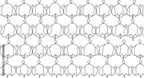 Symmetrical repeating pattern shows stylized bell-shaped flowers in a clean black and white outline style for coloring pages.