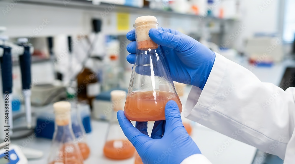 Fototapeta premium In a sterile laboratory environment, a scientist meticulously handles a conical flask containing a vibrant, translucent liquid.
