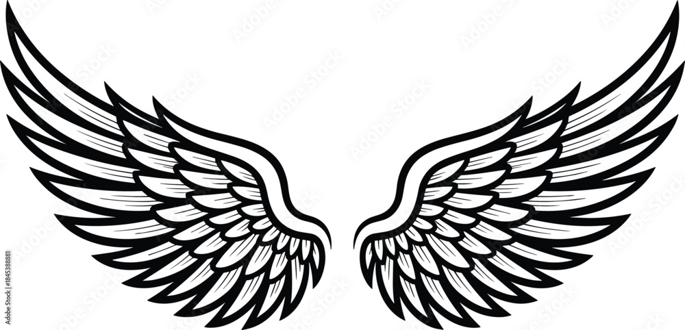 Fototapeta premium Stylized Black and White Angel Wings Vector. Symmetrical Feather Wings Tattoo Style Illustration.