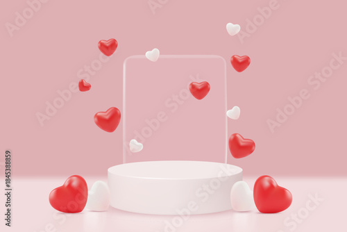 3D vector illustration of pink product podium with heart balloons and gift boxes. Concept for Valentine's day sale background and promotion. Minimalist and clean modern festive design template.