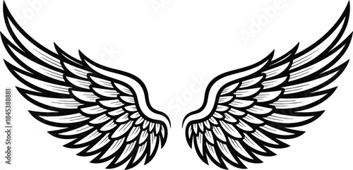 Stylized Black and White Angel Wings Vector. Symmetrical Feather Wings Tattoo Style Illustration.