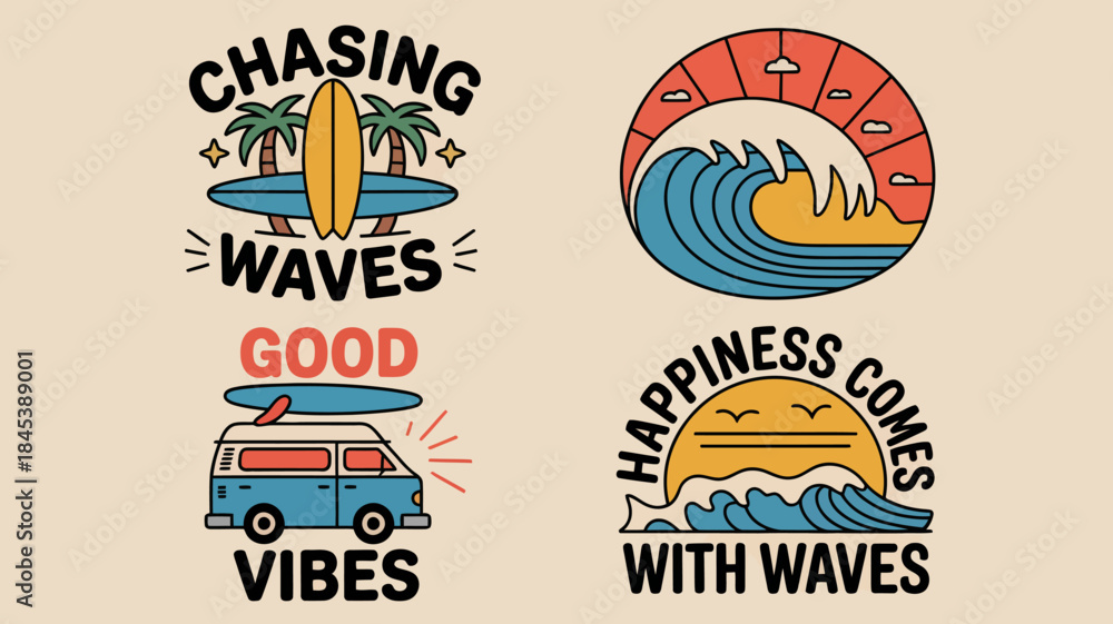 Naklejka premium Surfing and Beach Life Inspirational Quotes and Illustrations