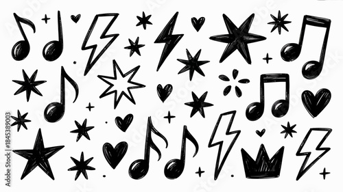 Hand-drawn black doodles of music notes, stars, hearts, and lightning bolts on white background.