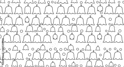 Monochrome seamless pattern featuring a dense arrangement of hand-drawn doodle bells and circles on a clean white background.