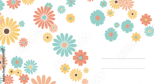 Playful and colorful floral background with retro-style daisies in corners, featuring a blank space for text on a white backdrop.