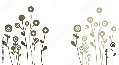 Minimalist botanical illustration of two clusters of stylized plants with circular flowers in olive green tones on a white background.