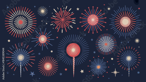 Colorful Fireworks Explosions in Red, White, and Blue on Dark Blue Background for Celebratory Occasions