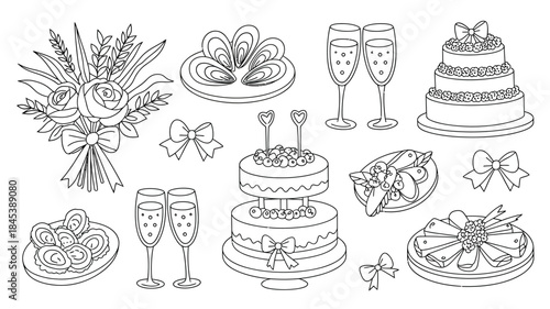 Wedding Celebration Icons, Black and White Line Drawings of Food, Drinks, and Decorations