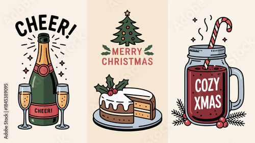 Christmas Celebration Elements with Food, Drinks, and Greetings