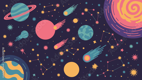 Colorful cartoon illustration of planets, stars, and meteors in space