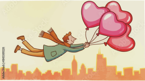 Man flying through air holding pink heart shaped balloons above city skyline in green coat and brown scarf