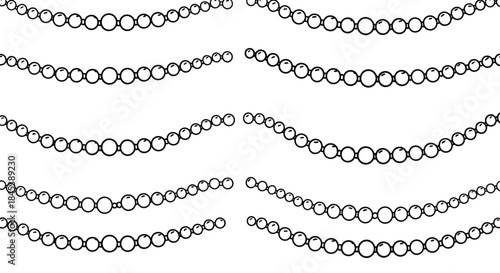 Elegant and simple black and white illustration of draped pearl necklaces or bead garlands arranged in graceful, wavy horizontal lines.