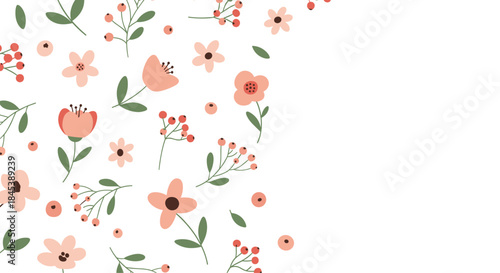 Beautiful floral background with a side border of pink flowers, red berries, and green leaves, with blank copy space on the right.