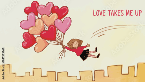 A girl with curly hair wearing a red sweater and black skirt flying with heart shaped balloons above city