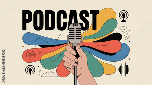Podcast Concept with Colorful Design and Hand Holding Microphone