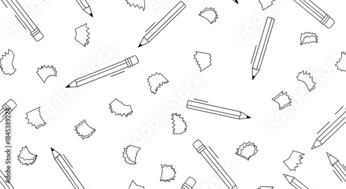 Seamless black and white pattern for school or art themes, featuring scattered hand-drawn pencils and messy pencil shavings doodles.