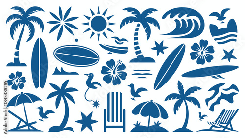 Beach Summer Icons Set, Tropical Vacation Symbols