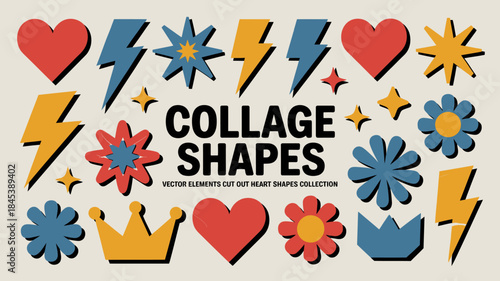 Colorful Collage Shapes Vector Collection with Hearts, Flowers, and Lightning Bolts