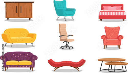 Cartoon furniture set with armchairs, sofas, bed, cabinet, coffee tables, and office chair in colorful interior design styles