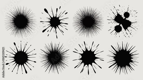 Black ink splatter designs, explosion effects, and paint blasts on white background