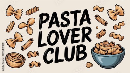 Pasta Lover Club Illustration with Various Types of Pasta