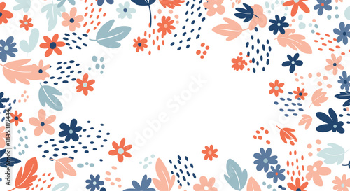 Artistic floral frame background with a mix of abstract flowers, leaves, and dots in coral and blue tones, with central copy space.