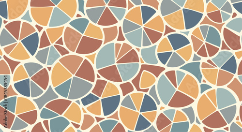 Seamless abstract pattern of overlapping, hand-drawn circles divided into colorful segments, creating a warm, earthy mosaic effect.