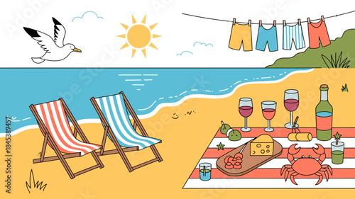 Beach Picnic Scene with Seagull, Clothesline, and Deck Chairs by the Ocean