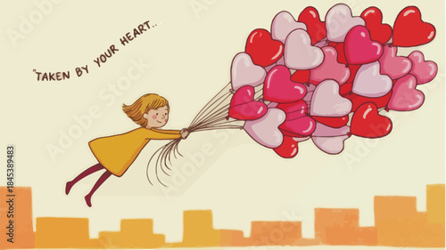A young girl in a mustard yellow dress flying with a bunch of red, pink and white heart shaped balloons above a cityscape