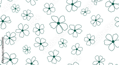 Minimalist and airy seamless pattern featuring small, scattered teal outline flowers with a simple dot center on a white background.
