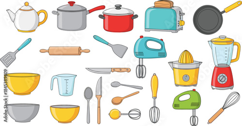 Cartoon kitchen utensil and appliance set featuring colorful cooking tools for culinary, educational, and design use in vector format