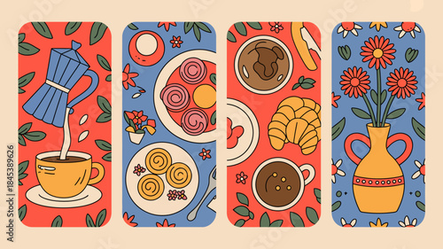 Colorful Breakfast Illustrations with Coffee, Pastries, and Flowers