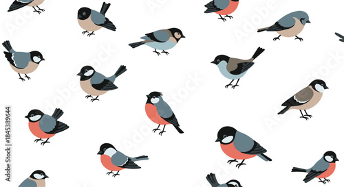Seamless pattern featuring a variety of cute, stylized birds such as bullfinches and tits, illustrated on a clean white background.