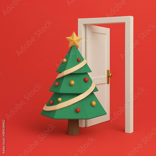 Christmas Tree Entering Door Christmas Is Here Concept 3D