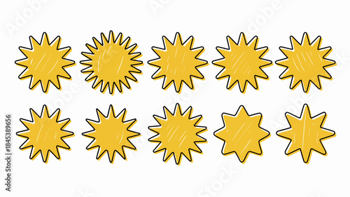 Hand-drawn yellow starburst icons on white background for design and decoration
