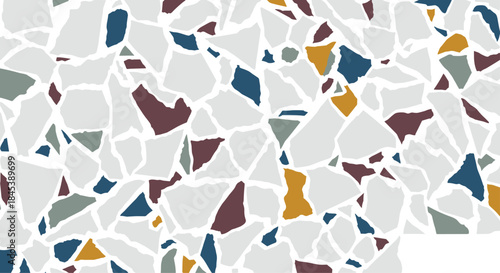 Modern abstract terrazzo or mosaic background featuring scattered, torn paper-like shapes in a contemporary, muted color palette.