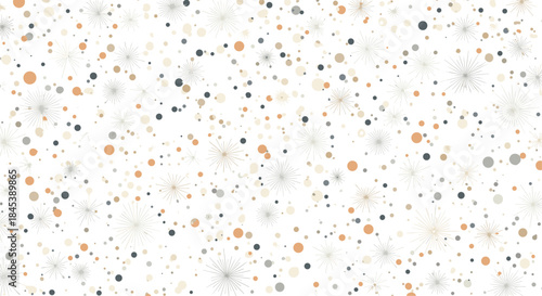 Abstract seamless pattern for celebrations, featuring scattered starbursts and confetti dots in a sophisticated, neutral color palette.