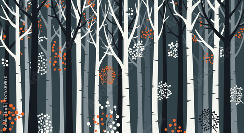 Stylized illustration of a dense winter forest with birch trees and colorful berries, creating a moody and atmospheric seamless pattern.