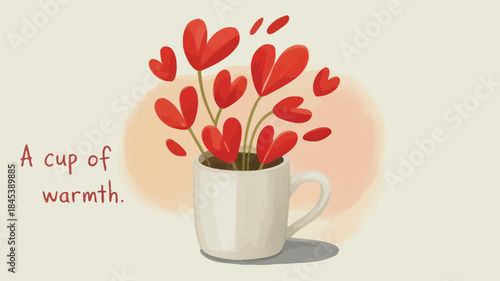 Flat watercolor illustration of red heart shaped leaves in white mug on beige background with soft peach circle