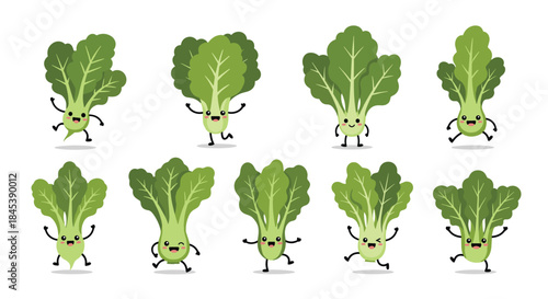 A complete set of cute and happy cartoon lettuce characters in various dynamic poses, perfect for healthy food and kids' designs.