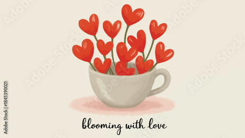 A soft watercolor style flat illustration of red heart shaped flowers in a white teacup on a cream background symbolizing love and affection