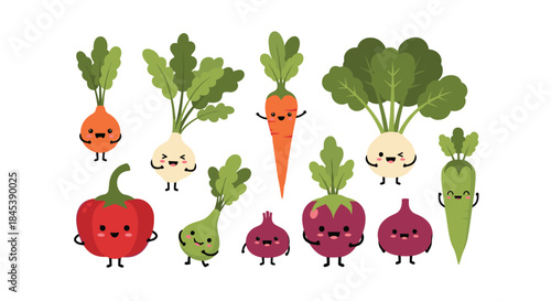 A delightful collection of various cute kawaii vegetable characters with happy smiling faces, isolated on a clean white background.