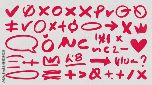 Handwritten Symbols and Letters in Red on Gray Background
