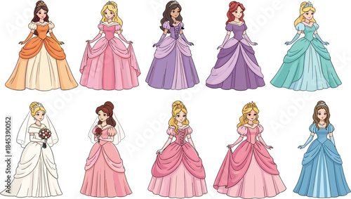 Cartoon princess character set in elegant gowns and wedding dresses, ideal for fashion, storytelling, and children’s design themes.