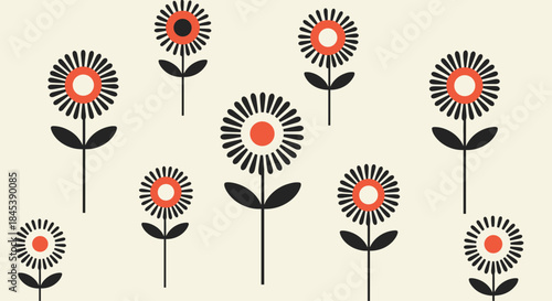 Retro-style illustration of stylized flowers with spiky black petals and bold red centers, scattered on a light cream background.