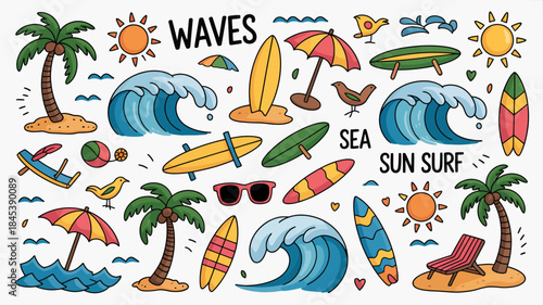 Beach Summer Vacation Icons Set with Surfboards, Palm Trees, and Waves