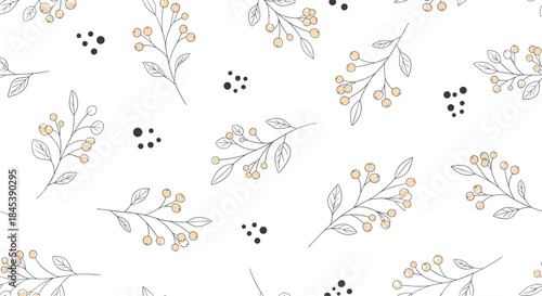 Delicate seamless pattern with hand-drawn botanical branches, beige berries, and scattered black dots on a clean white background.