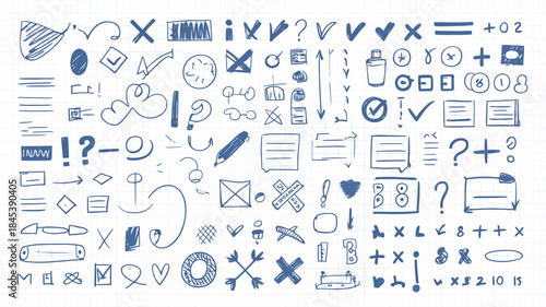Hand-drawn icons and symbols on graph paper background, blue ink illustrations